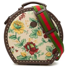 Bolsa Redonda Gucci em Lona GG Bege com Web Flora