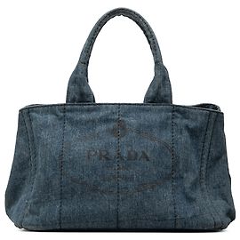 Borsa Tote Prada in Denim Blu con Logo Canapa