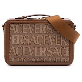 Borsa a tracolla Versace in tela marrone con motivo all-over