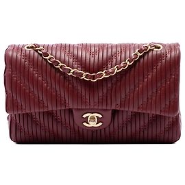 Chanel Red Medium Classic Chevron Calfskin Pleated Double Flap