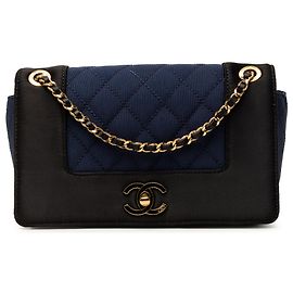 Chanel Blue Small Bicolor Quilted Grosgrain Satin Small Mademoiselle Double Flap