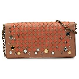 Bottega Veneta Brown Nappa Intrecciato Studded Wallet on Chain