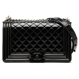 Chanel Black Old Medium Quilted Patent Acrylic Boy Flap