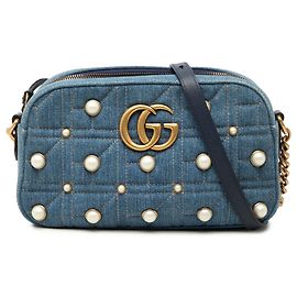 Borsa a tracolla Gucci Blue Small GG Marmont in denim con perle