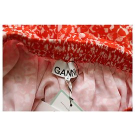 Gonna midi Ganni Mini Floral in seta con stampa arancione