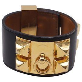 Bracelete Hermès Collier De Chien em couro de bezerro preto