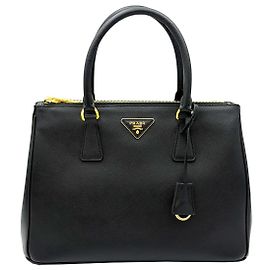 Prada Saffiano Lux Black Gold Triangle Logo Galleria Large
