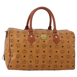 MCM Logogram Vicetos Boston Bag PVC Leder Braun Gold Auth 199670