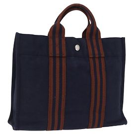 Hermès HERMES Fourre Tout PM Handtasche Baumwolle Navy Silver Auth 199880
