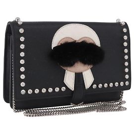 Borsa a tracolla con catena FENDI in pelle nera e argento 8M0346 Auth 202140