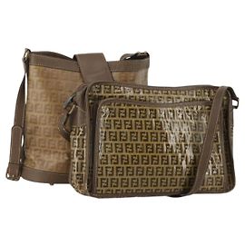 Bolsa de Ombro FENDI Zucchino PVC Leather 2 Set Brown Gold Tone Auth gh2337