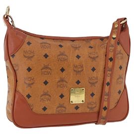 Borsa a tracolla MCM Vicetos in pelle marrone tono oro Auth BA15404