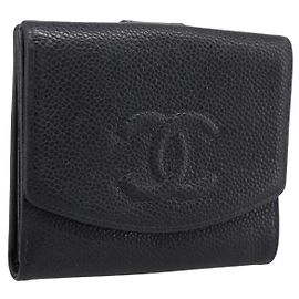Cartera bifold CHANEL COCO Mark de piel caviar negra y dorada CC Auth bs36909