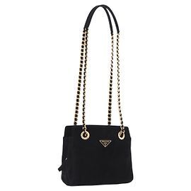 Borsa a tracolla con catena PRADA in camoscio nero e oro Auth yk20760V