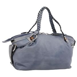 GUCCI Bamboo Schultertasche aus Leder Blau Silber 232959 Auth 199519
