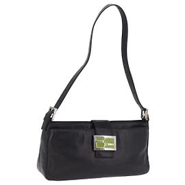 Borsa a spalla FENDI Mamma Baguette in pelle nera argento Auth 199954A