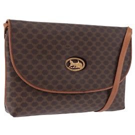 Céline Bolso CELINE Macadam Canvas Horse Carriage Bag PVC Leather Brown Gold Auth 200080