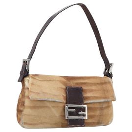 Bolso de mano FENDI Mamma Baguette en cuero Harako marrón plata Auth yk20783A