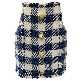 Minifalda de talle alto Balmain a cuadros vichy crema / azul marino con botones dorados
