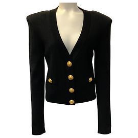 Balmain Rippstrick-Cardigan in Schwarz mit V-Ausschnitt und Goldknöpfen