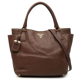 Brown Prada Vitello Daino Side Pocket Convertible Tote Satchel