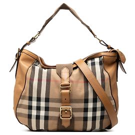 Beige Burberry Medium House Check Canvas Ashwood Hobo Satchel