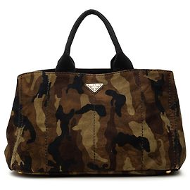 Prada Large Canvas Canapa Camouflage Stampata Tote braun