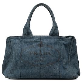 Borsa Tote Satchel Prada Denim Canapa Logo blu