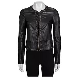 Giacca cropped in pelle nera con lacci Roberto Cavalli IT 42/M usata