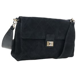 CHANEL Wild Stitch Matelasse Shoulder Bag Suede Black Gold Tone CC