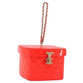 CHANEL Matelasse Vanity Hand Bag Patent leather Orange Gold CC