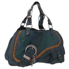 Christian Dior Gaucho Tote Bag Leather Green Silver