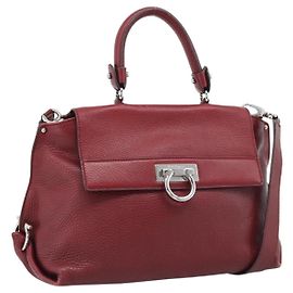 Salvatore Ferragamo Gancini Hand Bag Leather 2way Red Silver