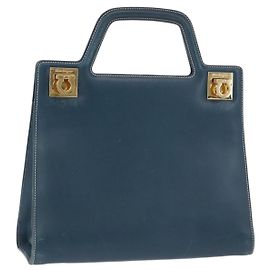 Salvatore Ferragamo Gancini Hand Bag Leather Blue Gold