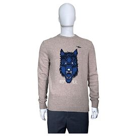 Autre Marque Aeronautica Militare Men's Beige Wool Wolf Print Sweater