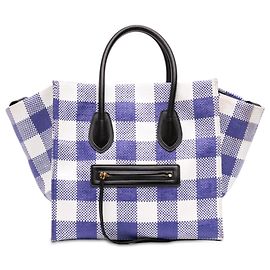 Céline Celine Blue Medium Gingham Raffia Luggage Phantom Tote