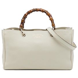 Borsa Satchel Gucci Shopper in pelle di vitello bianca taglia Medium con manico in bambù