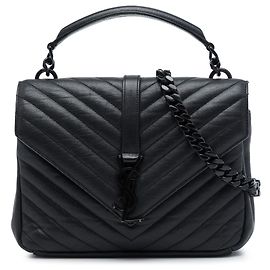 Bolsa College Saint Laurent em pele de carneiro chevron preta, tamanho Medium, monograma monocromático