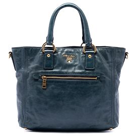 Prada Blue Vitello Shine Convertible Tote mit Fronttasche