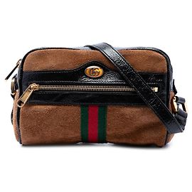 Gucci Mini Borsa a Tracolla Ophidia in Suede Marrone con Web