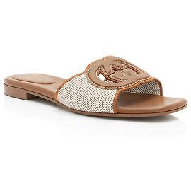 Gucci Leather Canvas Interlocking G Slides - Size 9 / 39