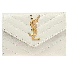 Saint Laurent Portacarte con patta Monogram dorato Bianco crema
