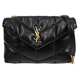 Saint Laurent Bolso de hombro acolchado Gold Puffer Monogram con cadena Negro