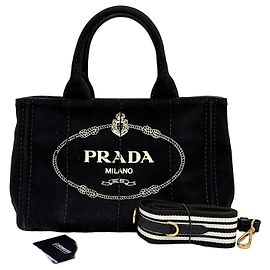 Prada Saco Tote em lona de canapa Saco de ombro Black