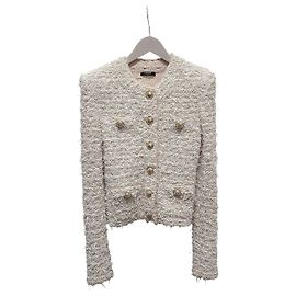 Balmain Kurze Tweed-Jacke in Weiß mit Goldknöpfen