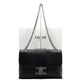 Céline Sac Triomphe Medium en cuir de veau noir avec chaîne argentée