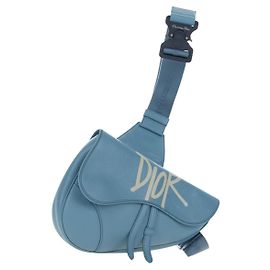 Bolsa Saddle Christian Dior em couro Colaboração Stussy Azul claro Auth 199040V