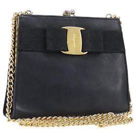 Borsa a tracolla Salvatore Ferragamo Vala Chain in pelle Navy Gold Auth 197700