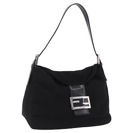 Borsa a spalla FENDI Mamma Baguette in lana nera argento Auth 201915V
