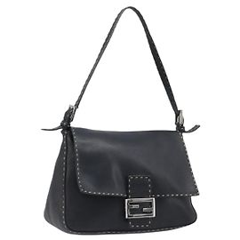 FENDI Selleria Mamma Baguette Schultertasche aus Leder Schwarz Silber Auth 200803A